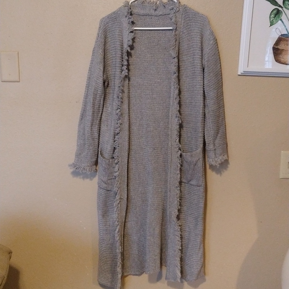 Long Lined Fringe Open Knit Cardigan